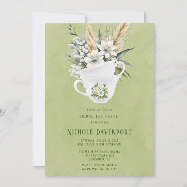 Invitación Fiesta de té nupcial pintada de verde con flores b (Anverso)