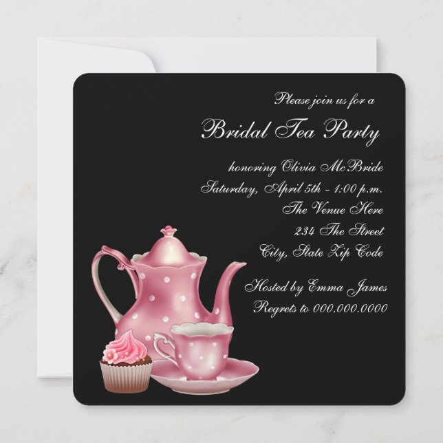 Invitación Fiesta de té nupcial rosa y negro (Reverso)
