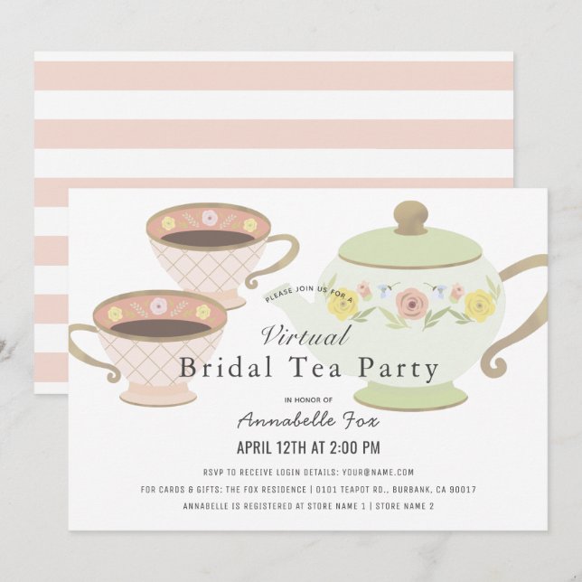 Invitación Fiesta de té nupcial Tea Pot VIrtual Bridal Shower (Anverso / Reverso)
