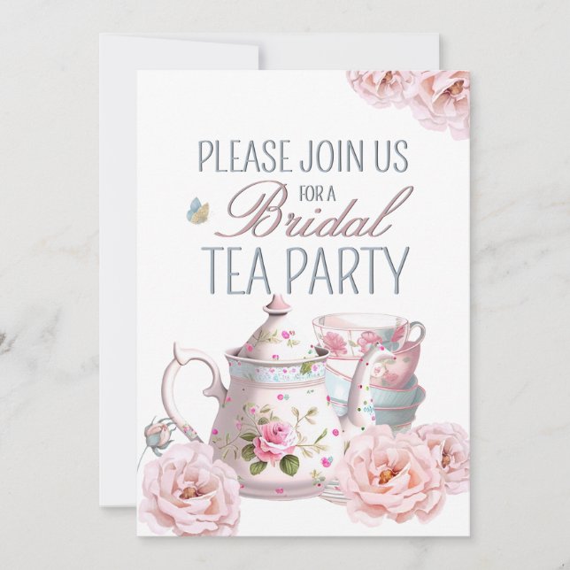 Invitación Fiesta de té nupcial Teapot Teacups Boda Brunch (Anverso)