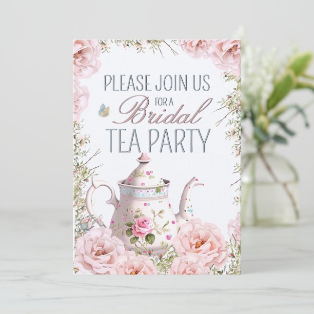 Invitación Fiesta de té nupcial Teapot Teacups Boda Brunch (Anverso de pie)
