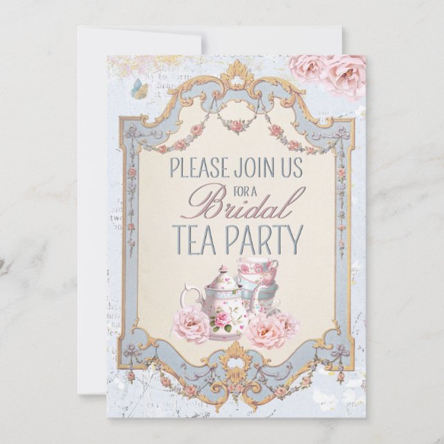 Invitación Fiesta de té nupcial Teapot Teacups Boda Brunch (Anverso)