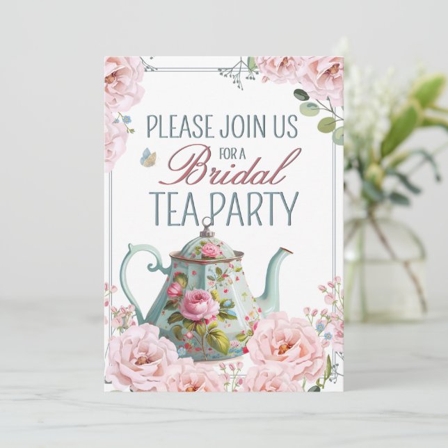 Invitación Fiesta de té nupcial Teapot Teacups Boda Brunch (Anverso de pie)