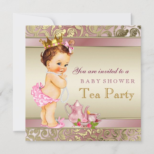 Invitación Fiesta de té para bebé Perla rosa y dorada (Anverso)