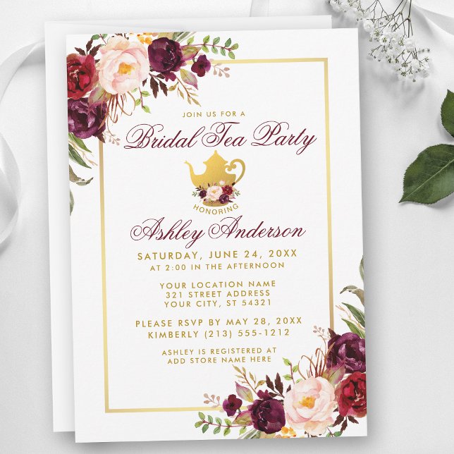 Invitación Fiesta de té para despedida de soltera Borgoña Inv (Customize to change text size, text style or text color.)