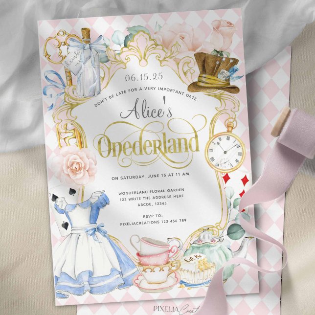Invitación Fiesta de té para el odio de Alicia (Alice in Onederland, Pink Girl 1st birthday, Cute birthday invitations.)