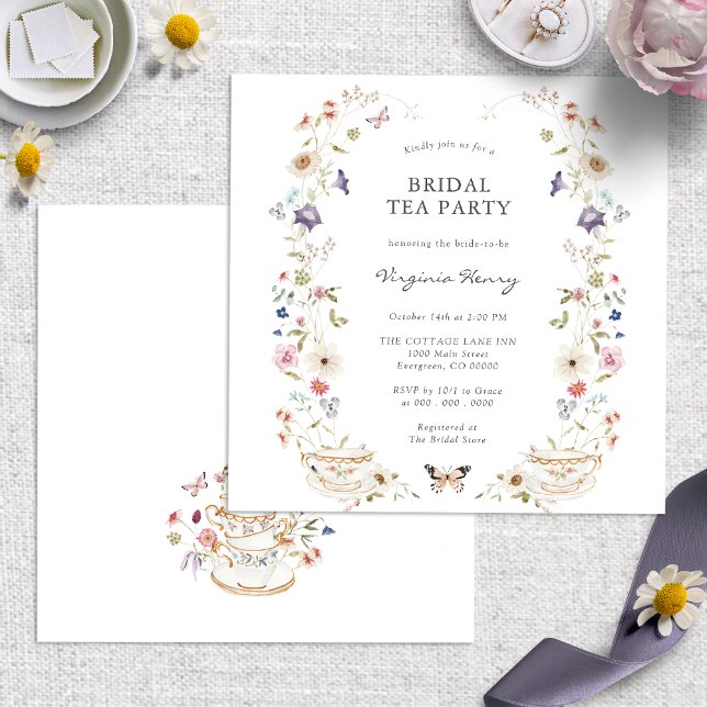 Invitación Fiesta de té para la novia (Elegant Floral Bridal Tea Party Invitation with Butterflies by Painted Paperie
)