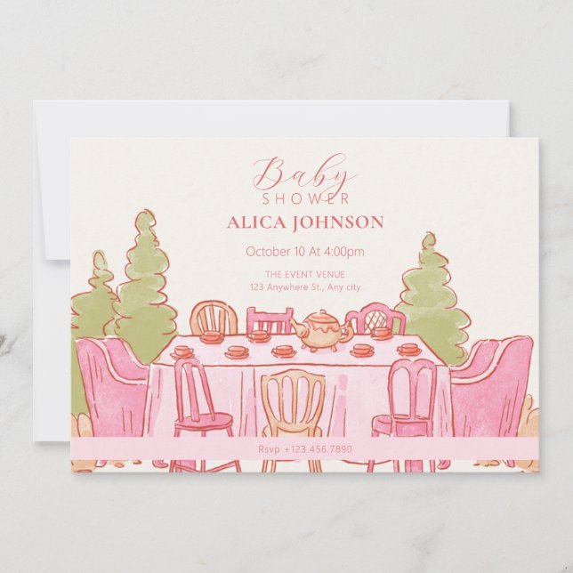 Invitación Fiesta de té pastel femenino rosa ducha de bebé (Anverso)