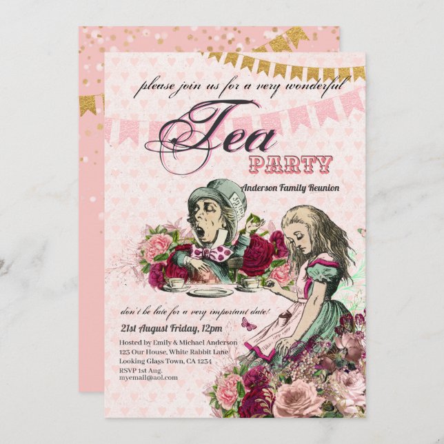 Invitación Fiesta de té personalizada de Alice en el país de  (Anverso / Reverso)