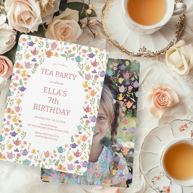 Invitación Fiesta de té Personalizado lindo cumpleaños FOTO (Tea Party Birthday Cute Custom PHOTO Hand-drawn Invitation
)
