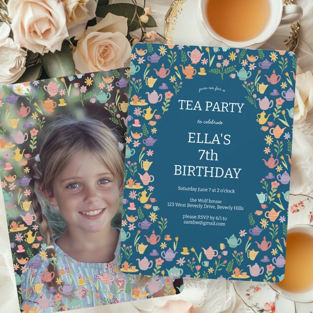 Invitación Fiesta de té Personalizado lindo cumpleaños FOTO (Tea Party Birthday Party Cute Floral Spring Custom PHOTO Invitation
)