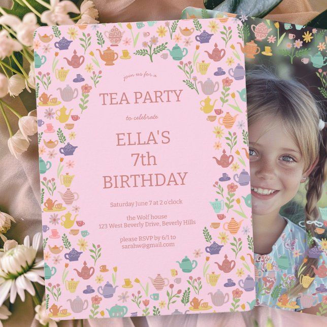 Invitación Fiesta de té Personalizado lindo cumpleaños FOTO (Tea Party Birthday Cute Custom PHOTO Invitation Pink Girlie Cute Sweet 
)
