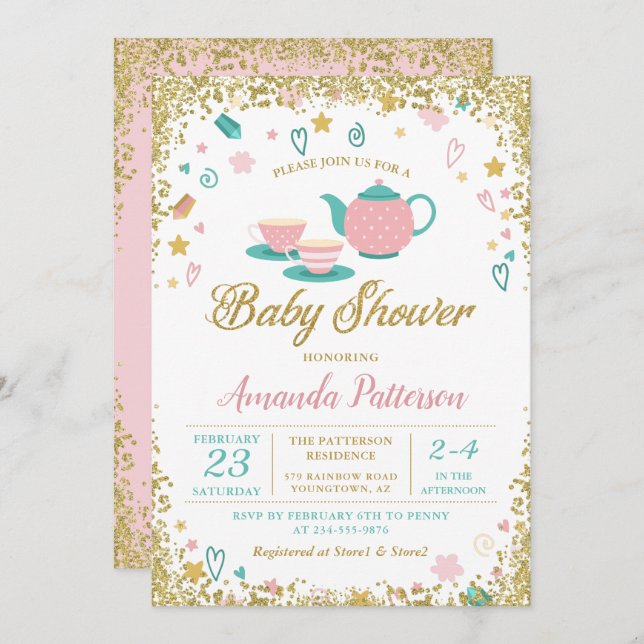Invitación Fiesta de té Purpurina rosado Baby Shower (Anverso / Reverso)