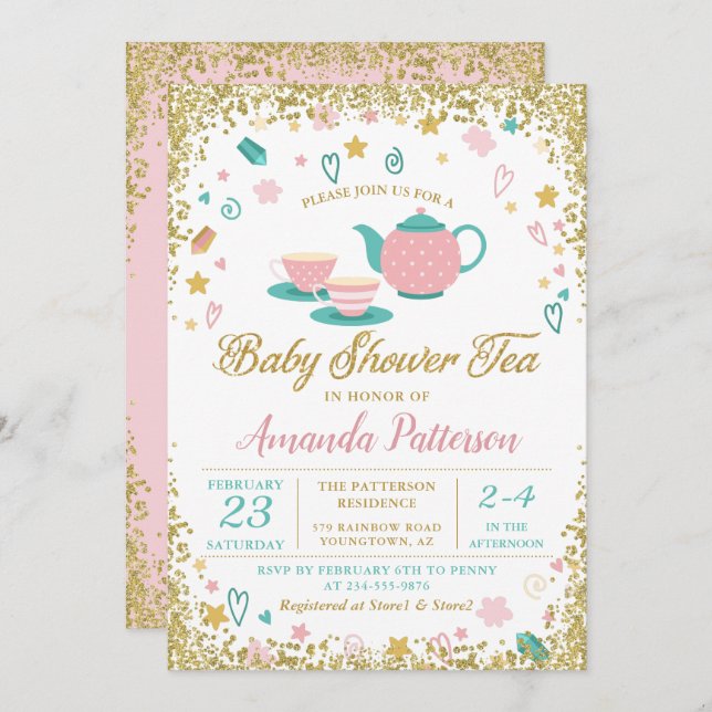 Invitación Fiesta de té Purpurina rosado Baby Shower (Anverso / Reverso)