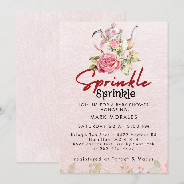 Invitación Fiesta de té rosa de Baby Sprinkle acuarela (Anverso / Reverso)