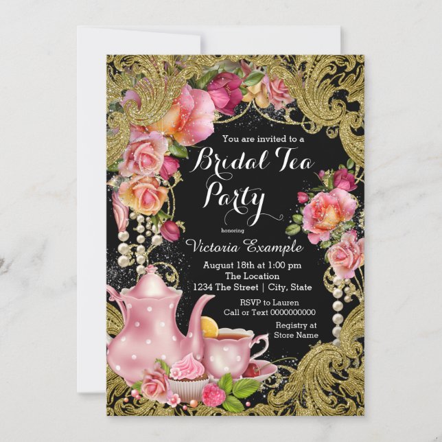 Invitación Fiesta de té Rosa de Purpurina negro y dorado (Anverso)
