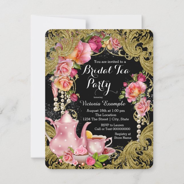 Invitación Fiesta de té Rosa negro y dorado (Anverso)