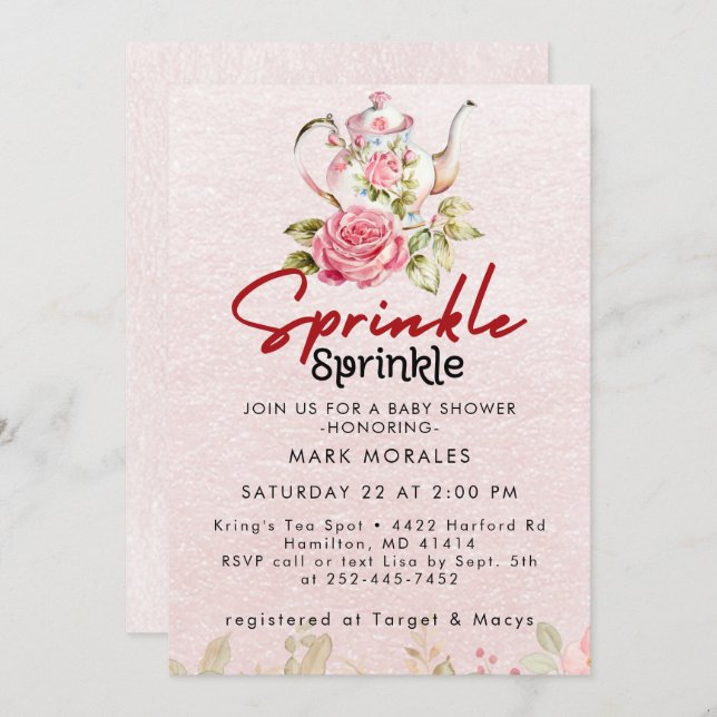 Invitación Fiesta de té rosa para baby sprinkle en acuarela (Anverso / Reverso)
