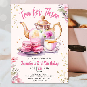 Invitación Fiesta de té rosa para niña en su tercer cumpleaño