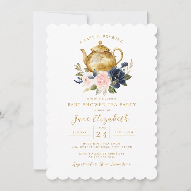 Invitación Fiesta de té rosado de la marina Un bebé está prep (Anverso)