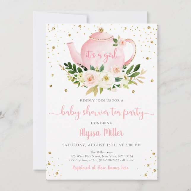 Invitación Fiesta de té rosado Gold Floral Baby Shower (Anverso)