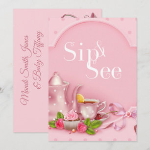 Invitación Fiesta de té rosado nostálgico Sip y ver Baby Show