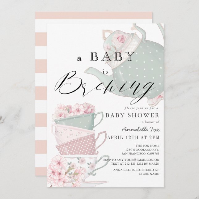 Invitación Fiesta de té rosado para bebe Baby Shower (Anverso / Reverso)