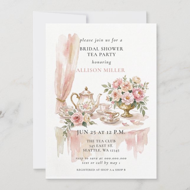 Invitación Fiesta de té rústica con rosa dorado para despedid (Anverso)