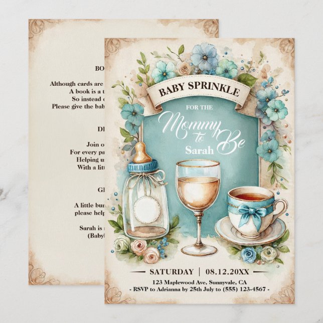 Invitación Fiesta de té ventilado Niños Bebé Sprinkle (Anverso / Reverso)
