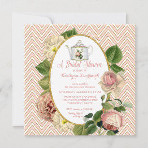 Invitación Fiesta de té Vintage Rosas florales Gold Bridal Sh