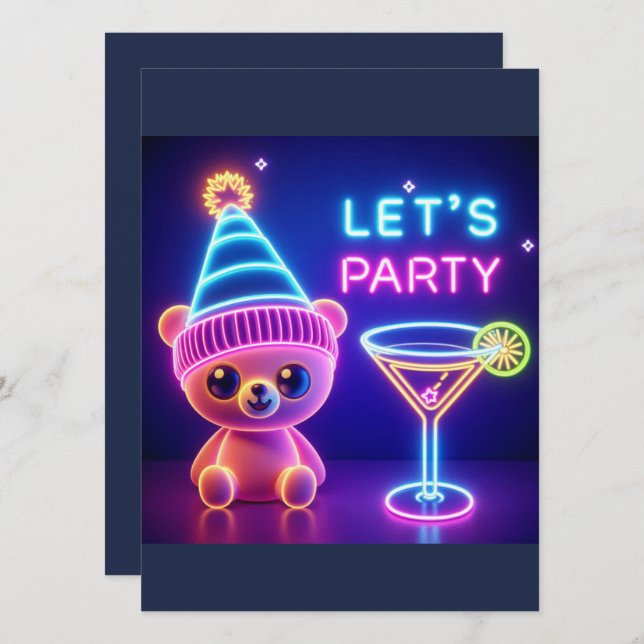 Invitación Fiesta de Teddy Neon Rosa (Anverso / Reverso)