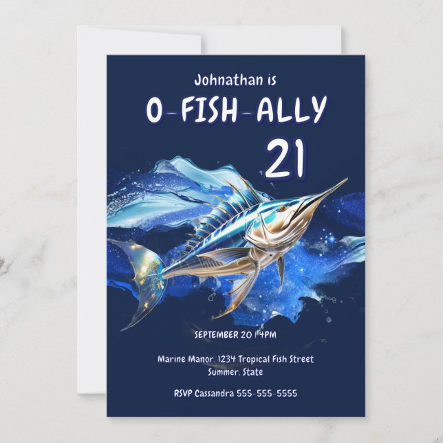 Invitación fiesta de tema de chicos de pesca de marlín del si (Anverso)