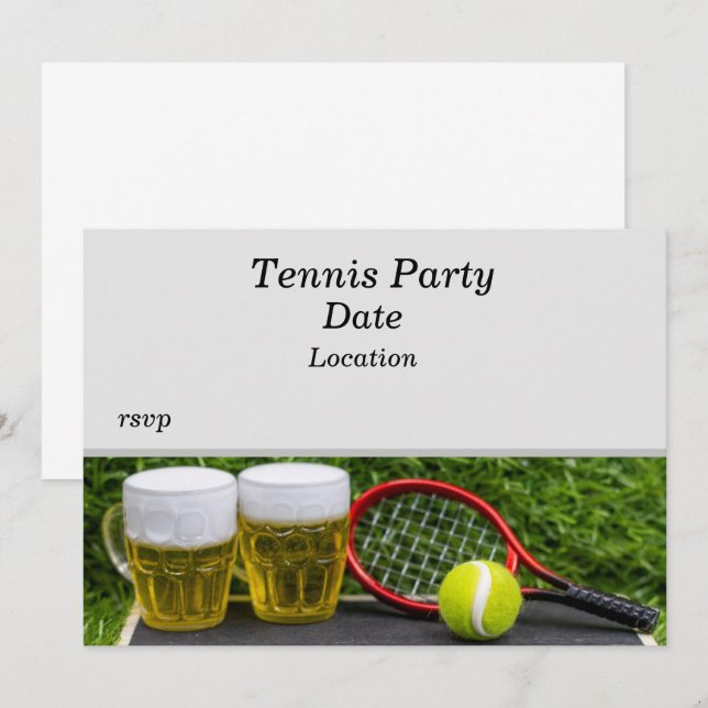 Invitación Fiesta de tenis con bola de raqueta y cerveza (Anverso / Reverso)