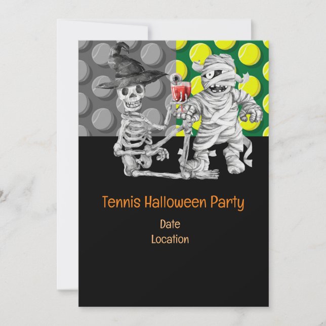 Invitación Fiesta de Tenis Halloween con pelota de tenis y fa (Anverso)