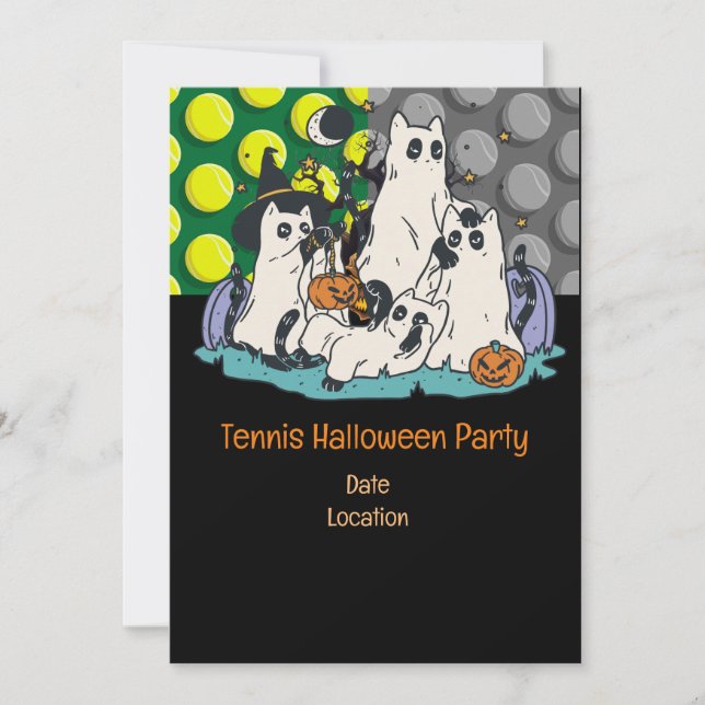 Invitación Fiesta de Tenis Halloween con pelota de tenis y fa (Anverso)