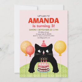 Invitación Fiesta de tercer cumpleaños con gato, torta y vela