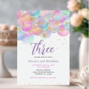 Invitación Fiesta de tercer cumpleaños con globo arcoiris ros