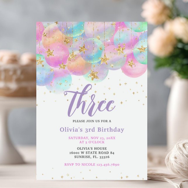 Invitación Fiesta de tercer cumpleaños con globo arcoiris ros (Subido por el creador)