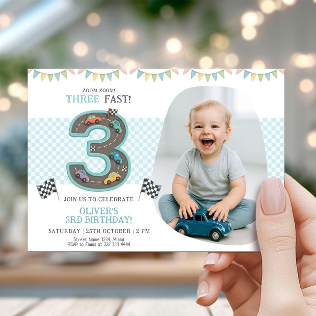 Invitación Fiesta de Tercer Cumpleaños de Auto de Carreras (Subido por el creador)
