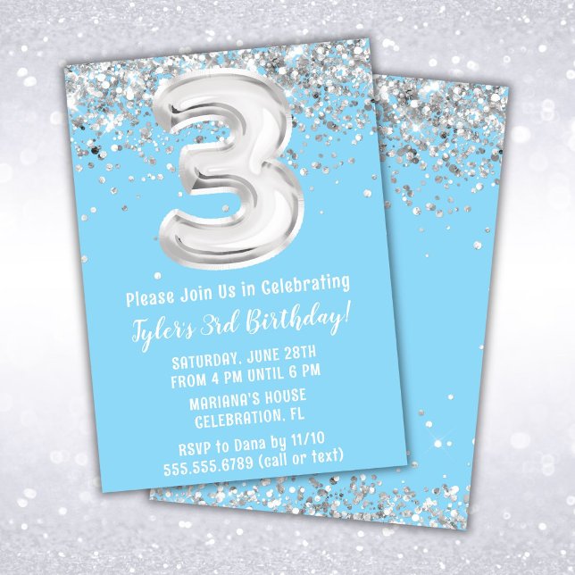 Invitación Fiesta de tercer cumpleaños de Light Blue Silver (Subido por el creador)