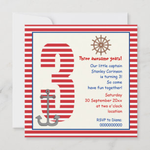 Invitación Fiesta de tercer cumpleaños de náutica roja y blan