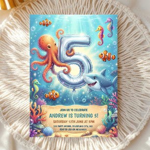Invitación Fiesta de tiburones para el quinto cumpleaños de a