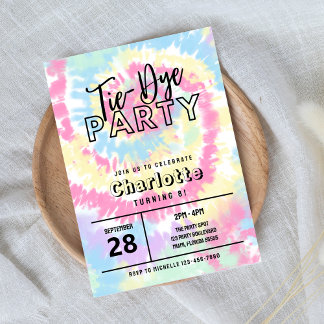 Invitación Fiesta de Tie Dye con Colores Pastel Retro
