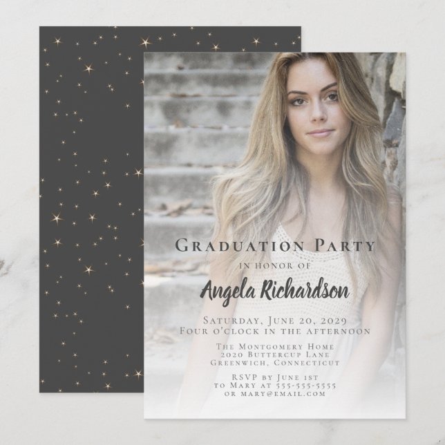 Invitación Fiesta de tipografía de escritura de foto graduada (Anverso / Reverso)