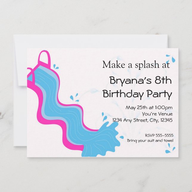 Invitación Fiesta de tobogán de agua rosa en piscina de veran (Anverso)