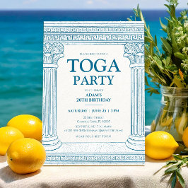 Invitación Fiesta de Toga Griega en azul con columnas elegant