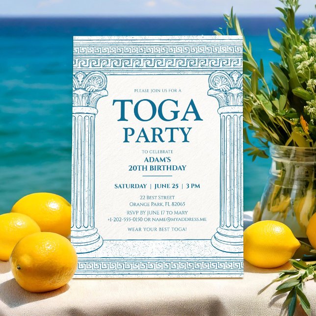 Invitación Fiesta de Toga Griega en azul con columnas elegant (Subido por el creador)