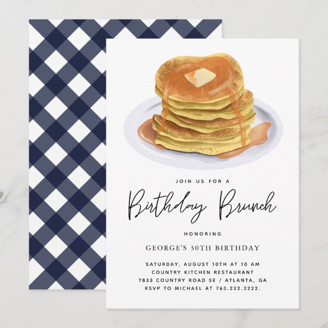 Invitación Fiesta de tortitas de brunch de cumpleaños (Anverso / Reverso)