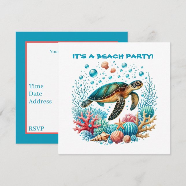 Invitación Fiesta de tortuga marina de playa linda (Anverso / Reverso)