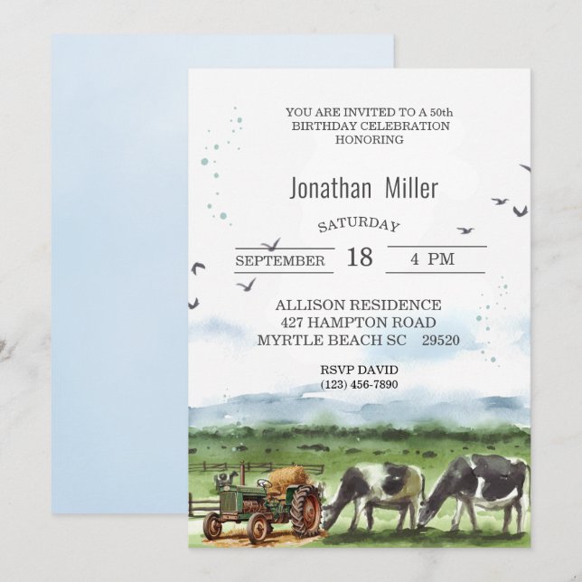 Invitación Fiesta de Tractor de Cumpleaños de la Granja Vinta (Anverso / Reverso)